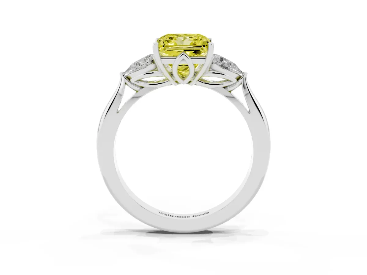 Fancy Yellow Three-Stone Princess Cut Diamond Ring with Pear Side Stones in Four-Prong Setting Silver