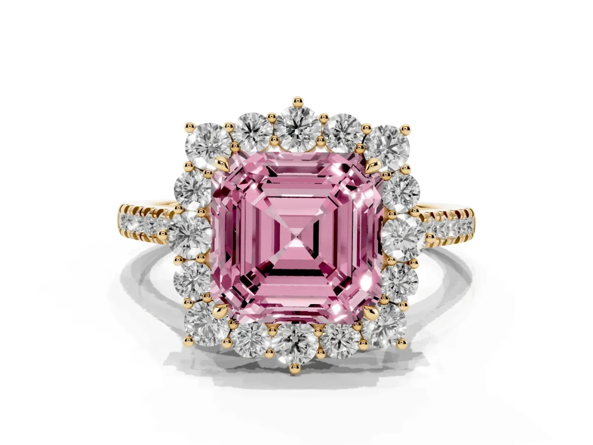 Fancy Pink Asscher Cut Halo Diamond Ring with Pavé Band and Prong Setting Yellow gold