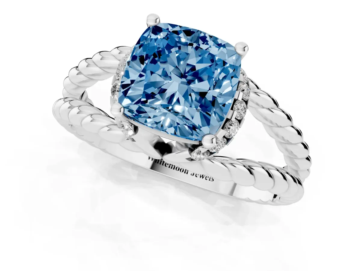 Fancy Blue Cushion Cut Halo Twisted Band Four-Prong Ring Silver