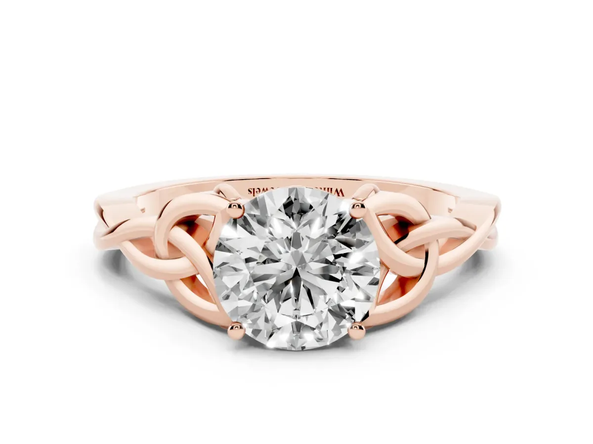 Round Cut Diamond Solitaire Engagement Ring with Celtic Knot Band and Four-Prong Setting Rose gold