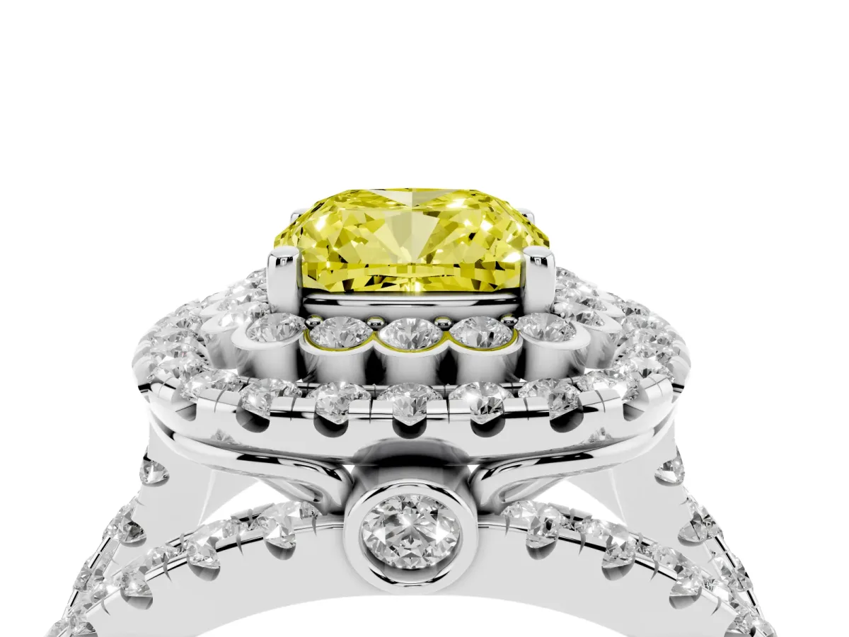 Fancy Yellow Cushion Cut Diamond Double Halo Ring with Round Pavé Split Shank and Prong Setting Silver