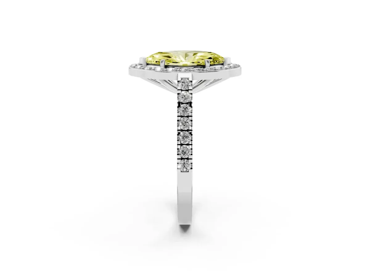 Fancy Yellow Marquise Cut Diamond Halo Ring with Round Pavé Split Shank and Prong Setting White gold