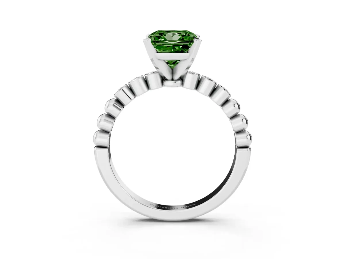 Fancy Green Princess Cut Solitaire Bezel Accent Diamond Engagement Ring with Beaded Band and Four-Prong Setting Platinum