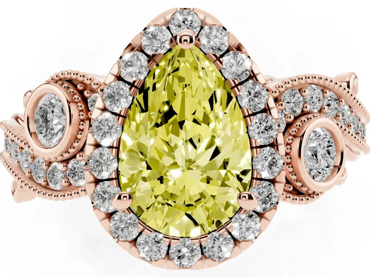 Fancy Yellow Pear Cut Diamond Halo Ring with Milgrain Pavé Band and Four-Prong Setting Rose gold