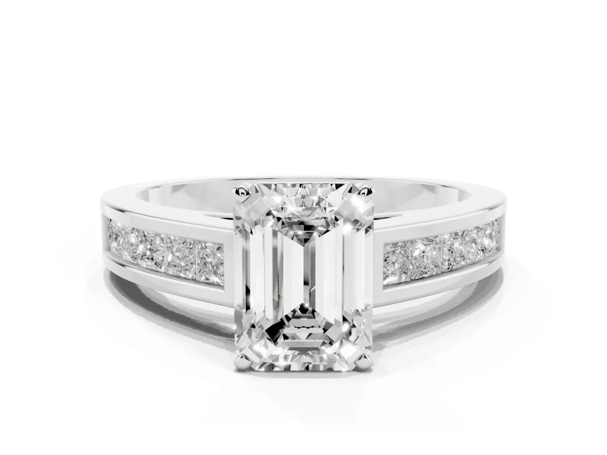 Emerald Cut Solitaire Diamond Ring with Channel-Set Band and Four-Prong Setting Platinum