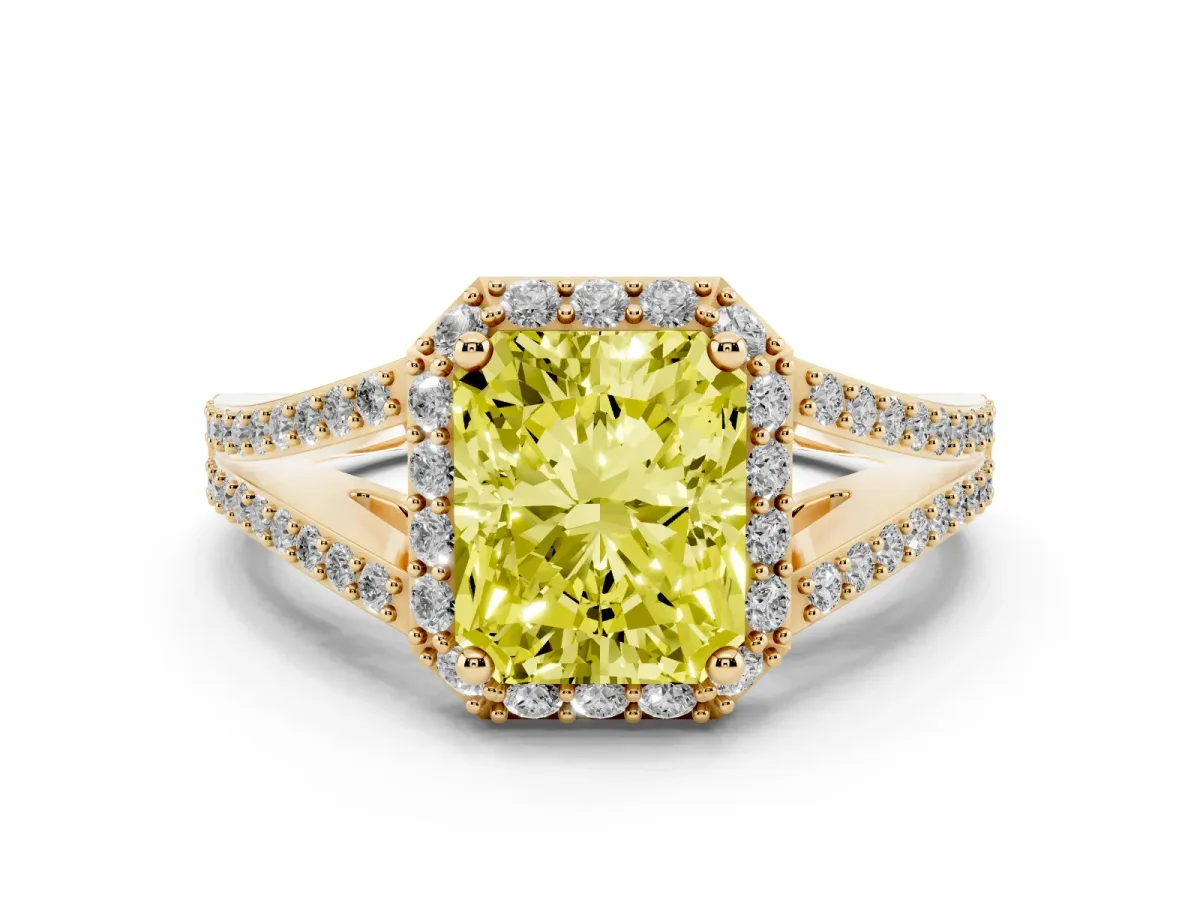 Fancy Yellow Radiant Cut Halo Split Shank Pave Diamond Ring with Four-Prong Setting Yellow gold
