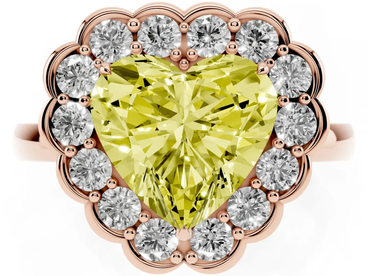 Fancy Yellow Heart Cut Halo Cluster Diamond Engagement Ring with Solitaire Band and Prong Setting Rose gold
