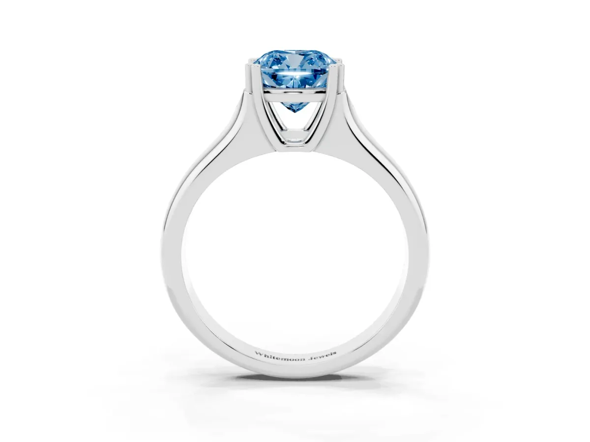 Fancy Blue Cushion Cut Diamond Solitaire Ring with Wide Band and Prong Setting Silver