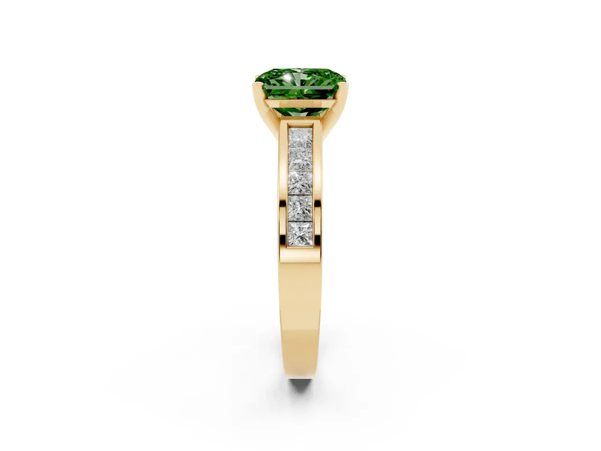 Fancy Green Radiant Cut Solitaire Diamond Ring with Channel-Set Band and Four-Prong Setting Yellow gold