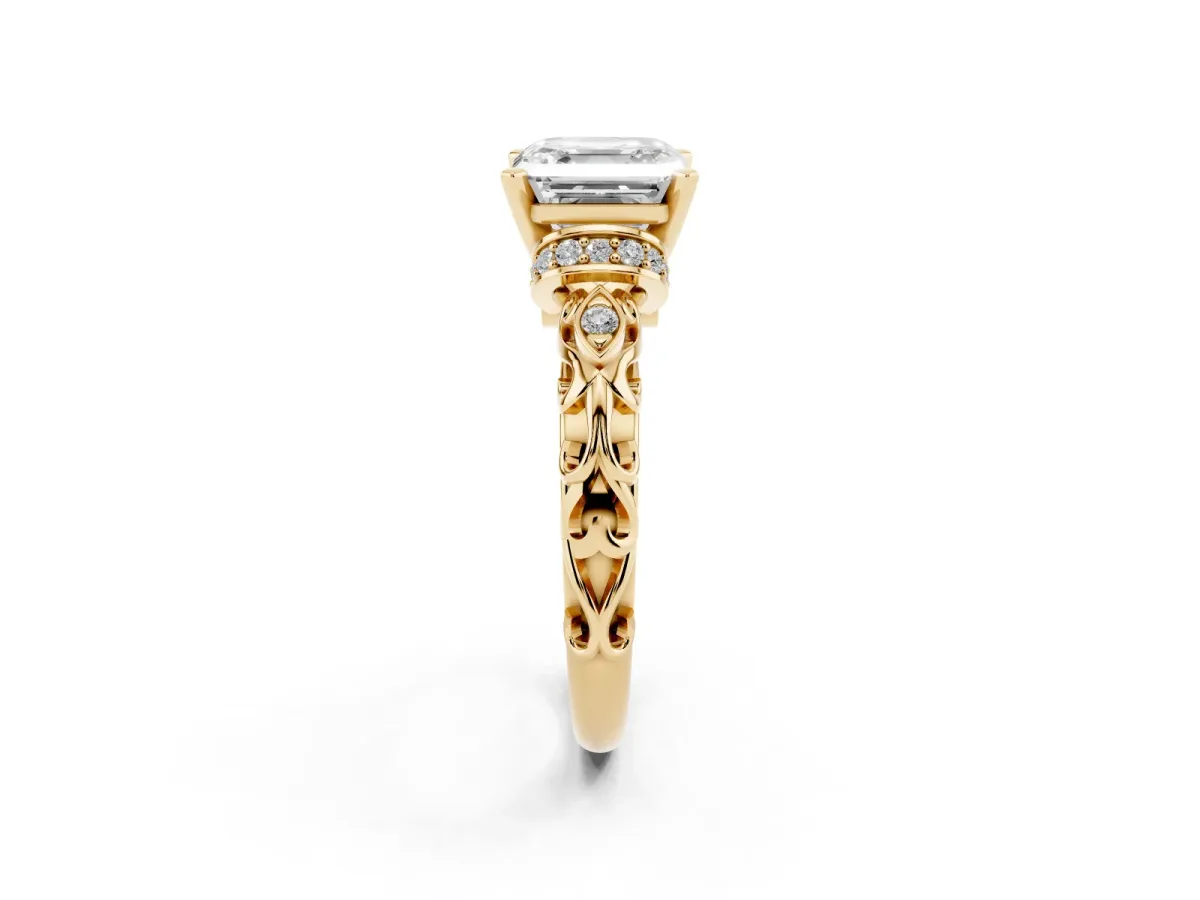 Asscher Cut Diamond Solitaire Ring with Filigree Band and Four-Prong Setting Yellow gold