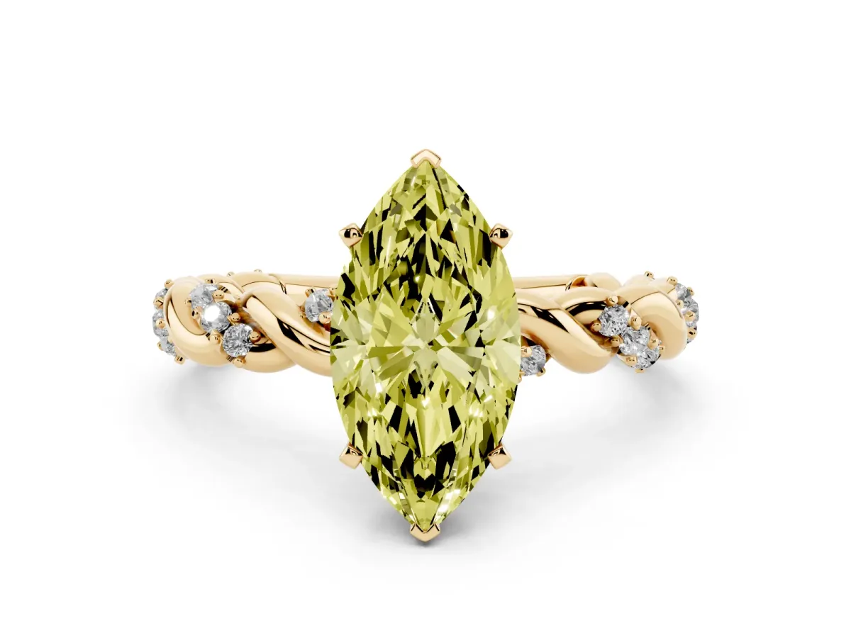 Fancy Yellow Marquise Cut Diamond Solitaire Ring with Twisted Band and Pavé Accents Yellow gold