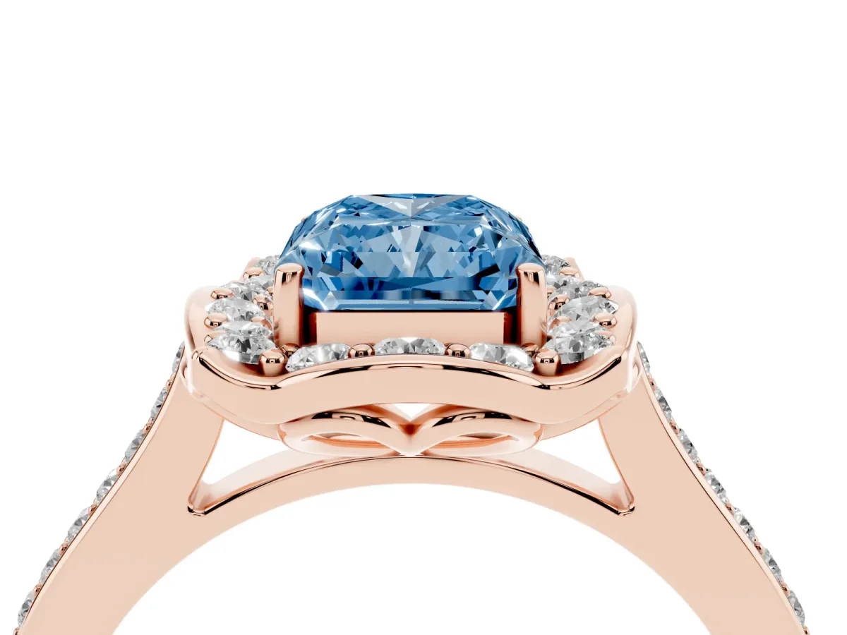 Fancy Blue Radiant Cut Halo Round Diamond Pave Band with Four-Prong Setting Rose gold