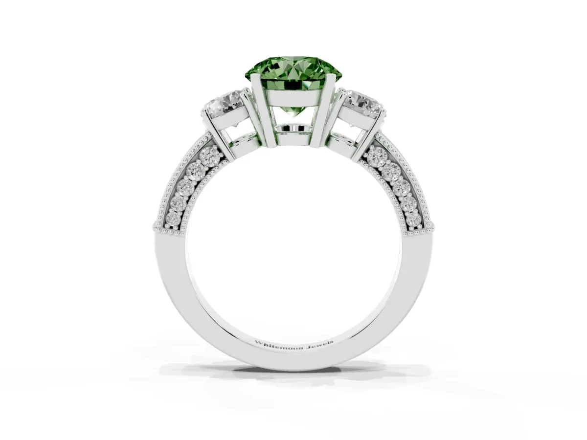 Fancy Green Round Cut Three-Stone Diamond Ring with Pavé Band and Four-Prong Setting Silver