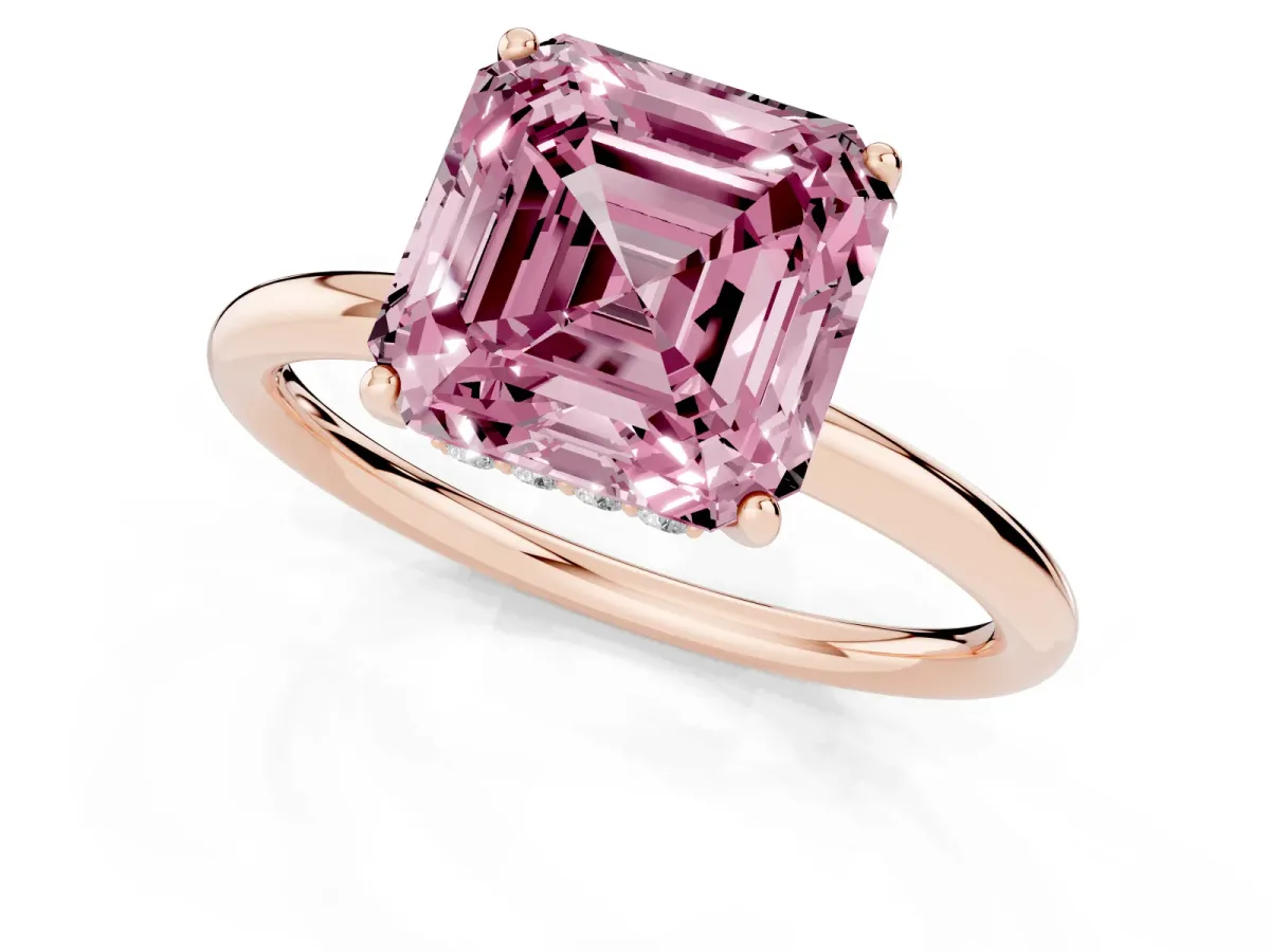 Fancy Pink Asscher Cut Solitaire Diamond Ring with a Classic Band and Four-Prong Setting Rose gold