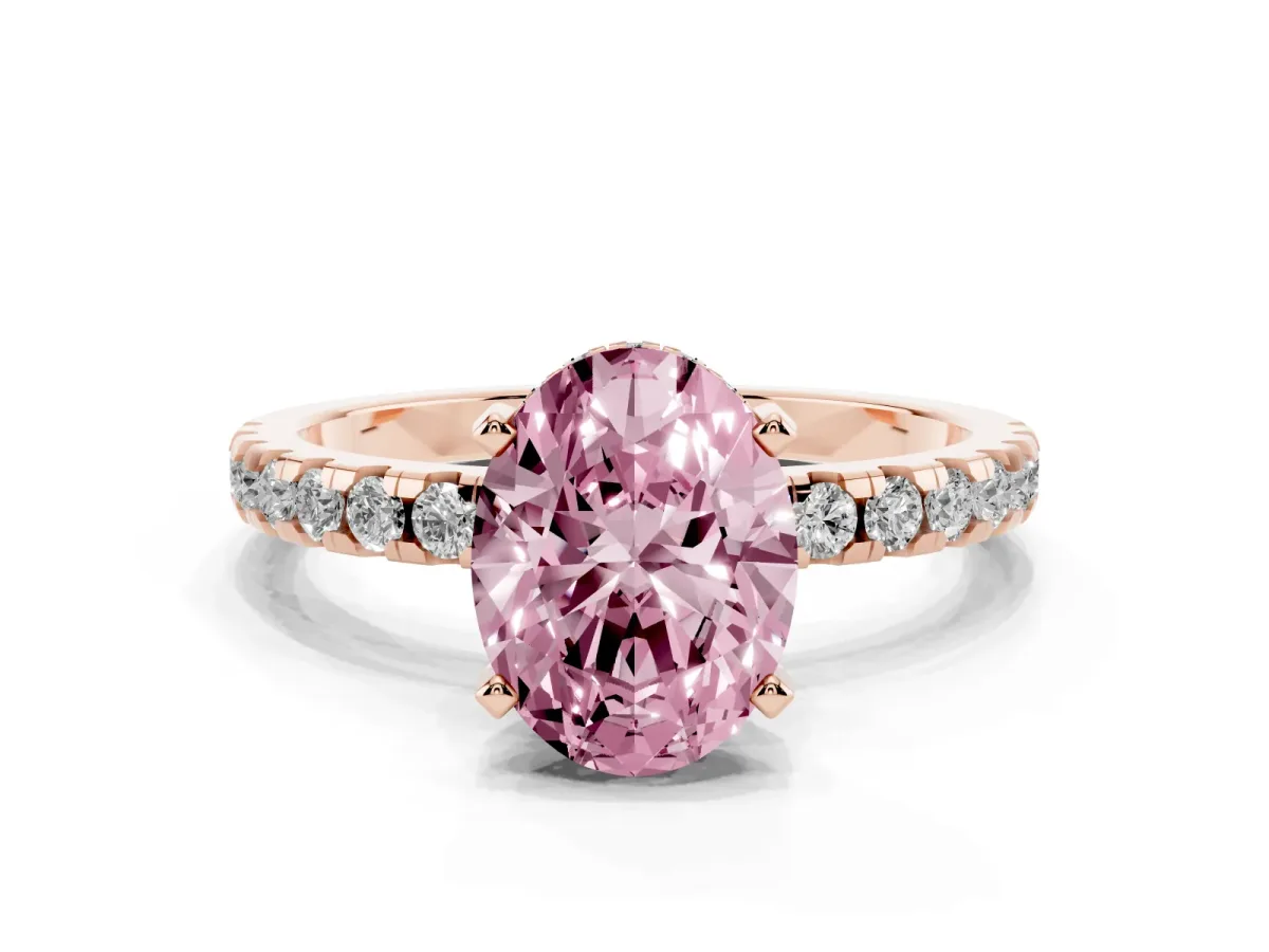 Fancy Pink Oval Cut Diamond Solitaire Ring with Round Pavé Band and Four-Prong Setting Rose gold