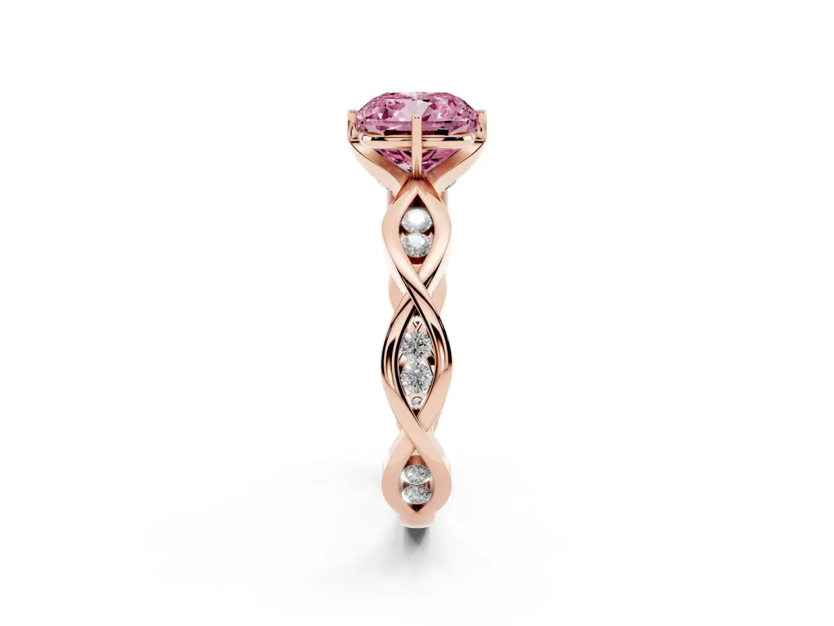 Fancy Pink Cushion Cut Solitaire Twist Band with Leaf Prong Setting Rose gold