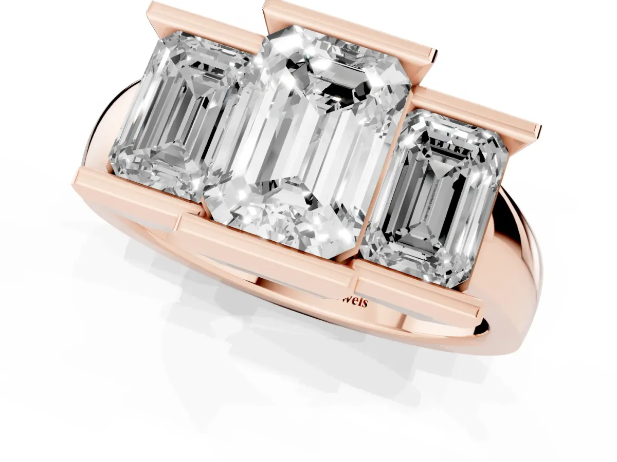 Three Stone Emerald Cut Cut Channel Set Diamond Ring Rose gold
