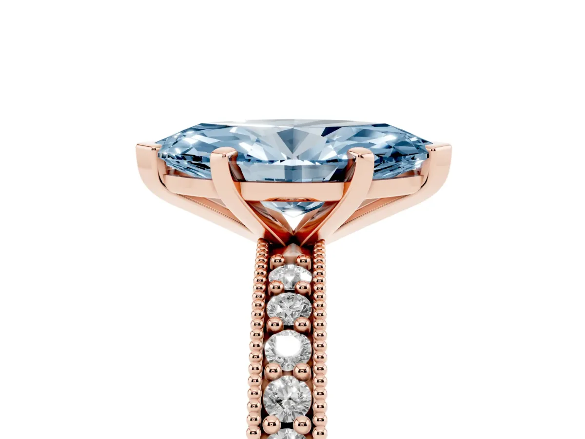 Fancy Blue Marquise Cut Diamond Milgrain Pavé Engagement Ring with Four-Prong Setting Rose gold