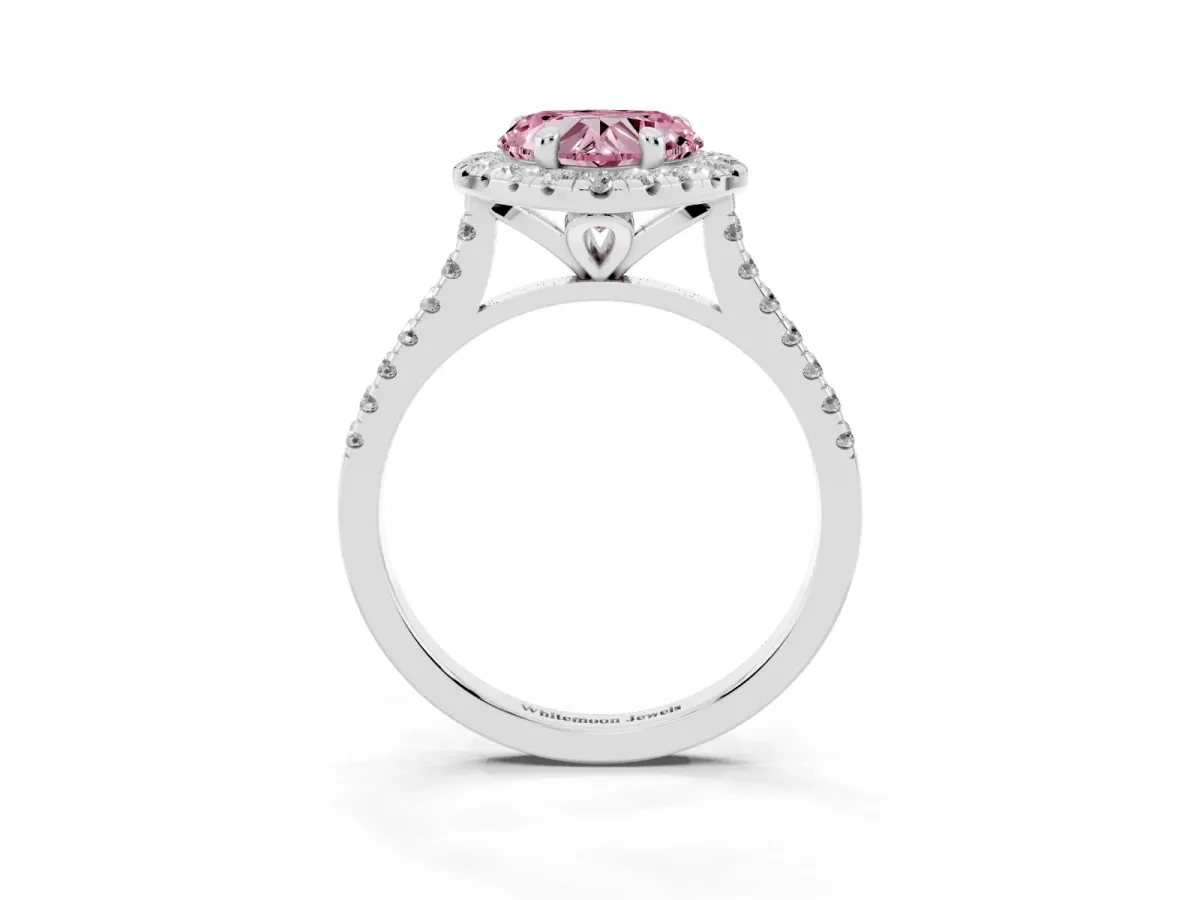 Fancy Pink Heart Cut Diamond Cushion Halo Ring with Pavé Band White gold