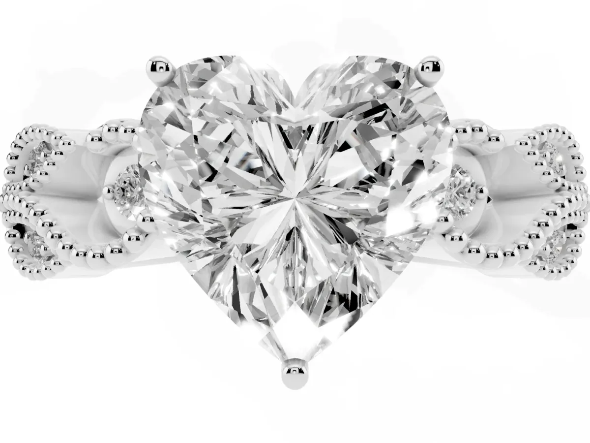 Heart Cut Solitaire Milgrain Leaf Band with Prong Setting Silver