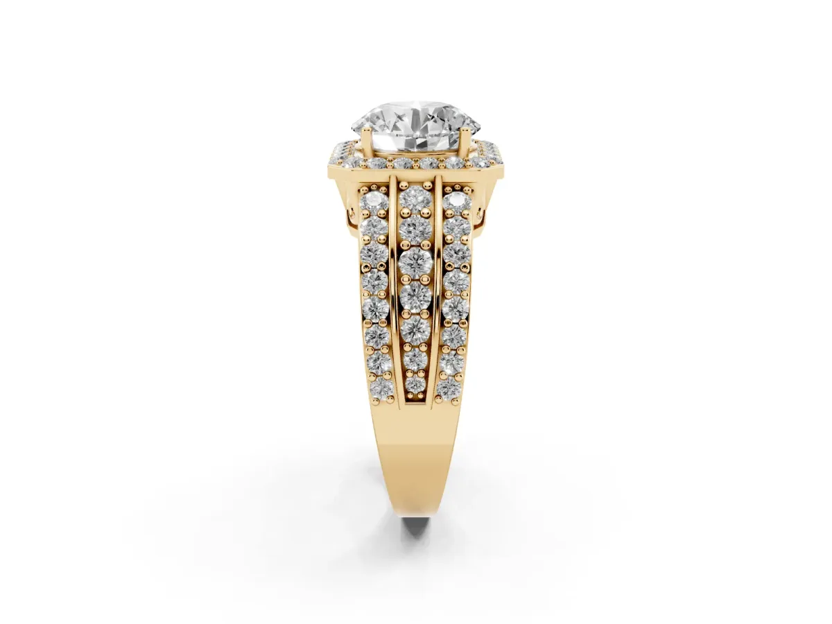 Round Cut Halo Diamond Ring with Round Split Shank and Prong Setting Yellow gold