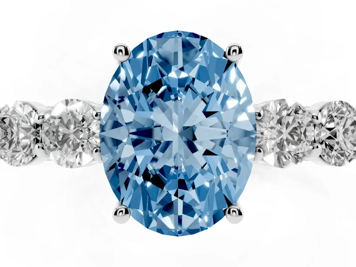 Fancy Blue Oval Cut Cut Diamond Five-Stone Prong Set White Gold Ring Silver