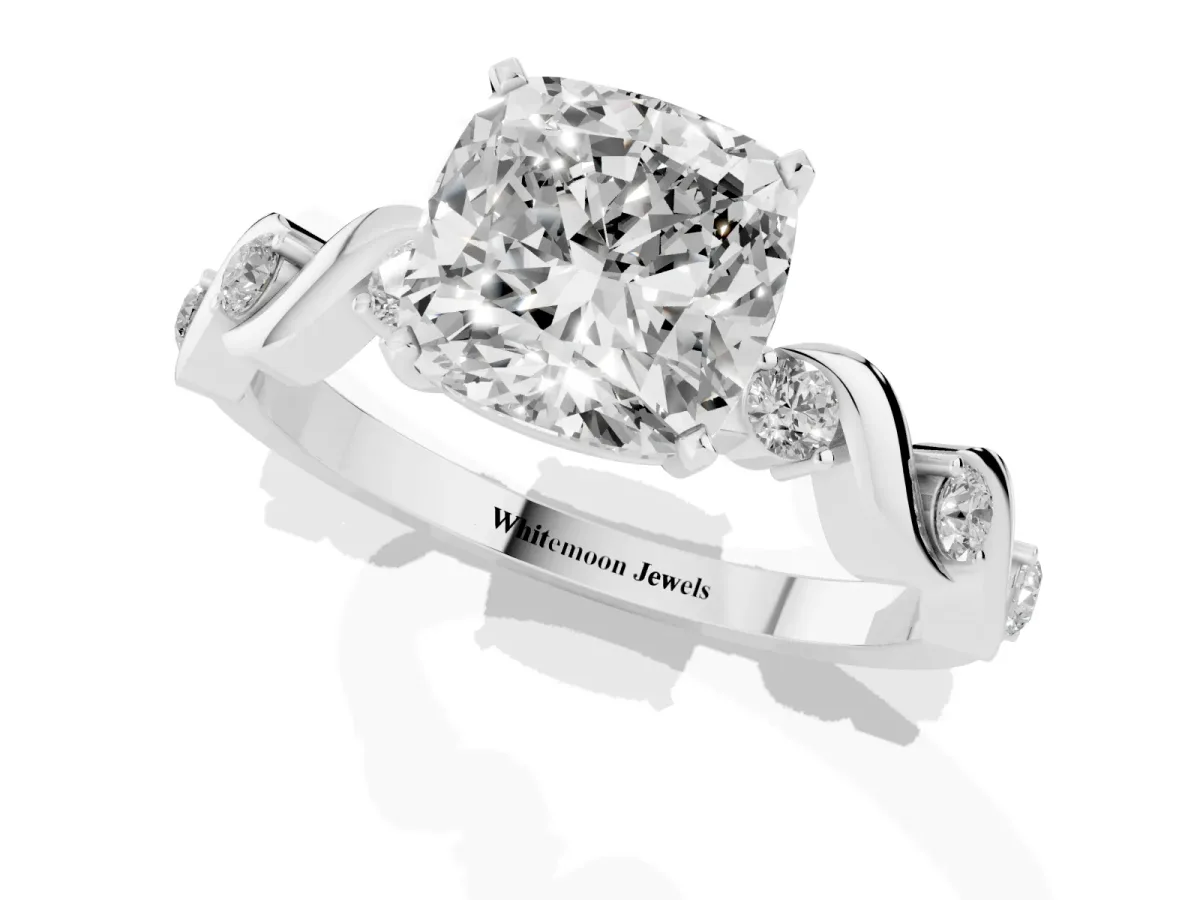 Cushion Cut Diamond Solitaire Twisted Band with Round Accents and Prong Setting White gold
