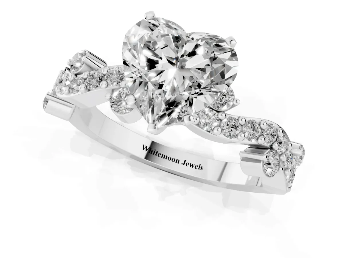 Heart Cut Cut Solitaire Diamond Twisted Band with Pave Setting White gold