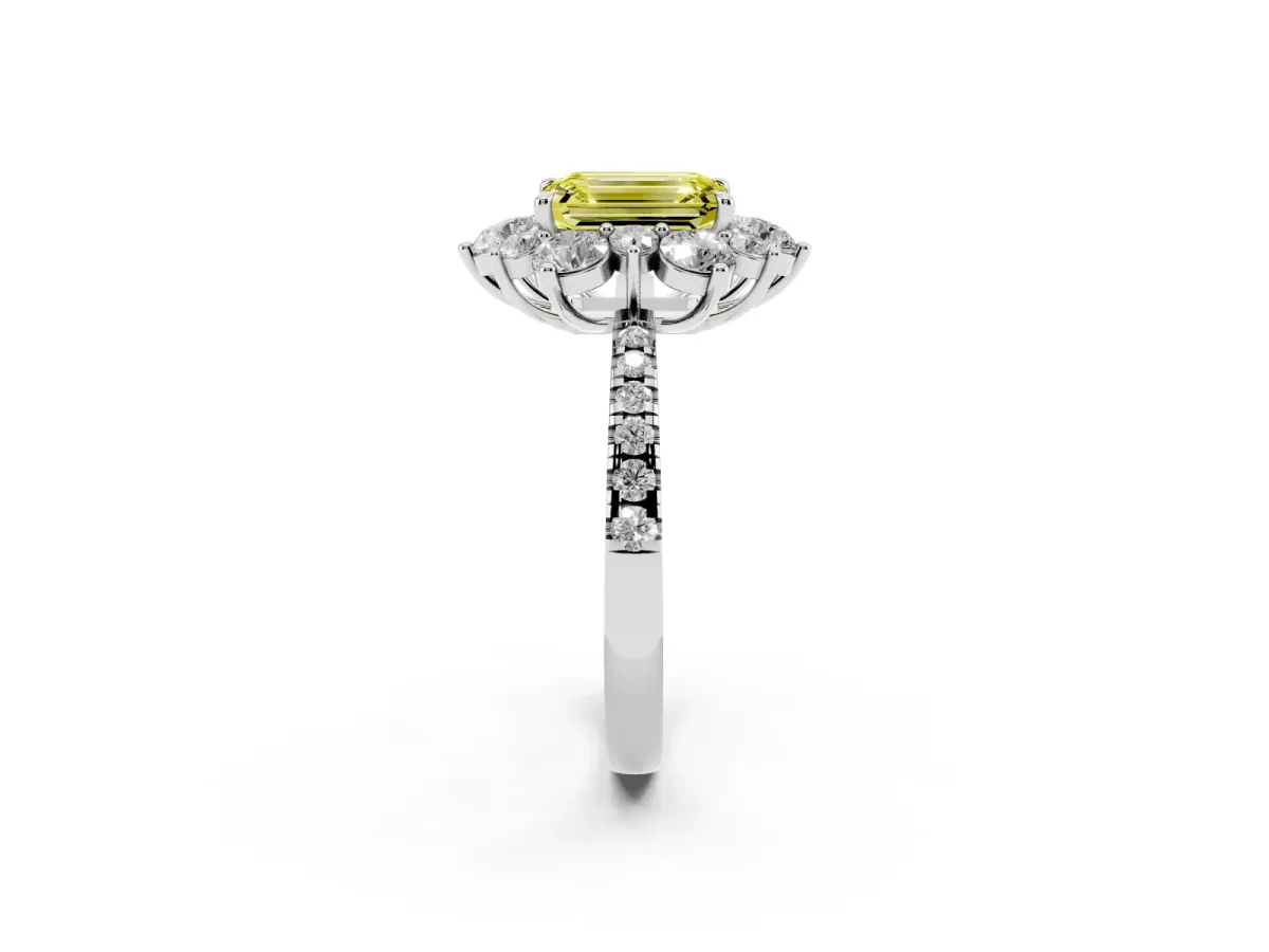 Fancy Yellow Emerald Cut Diamond Floral Halo Ring with Round Pavé Band and Prong Setting Silver