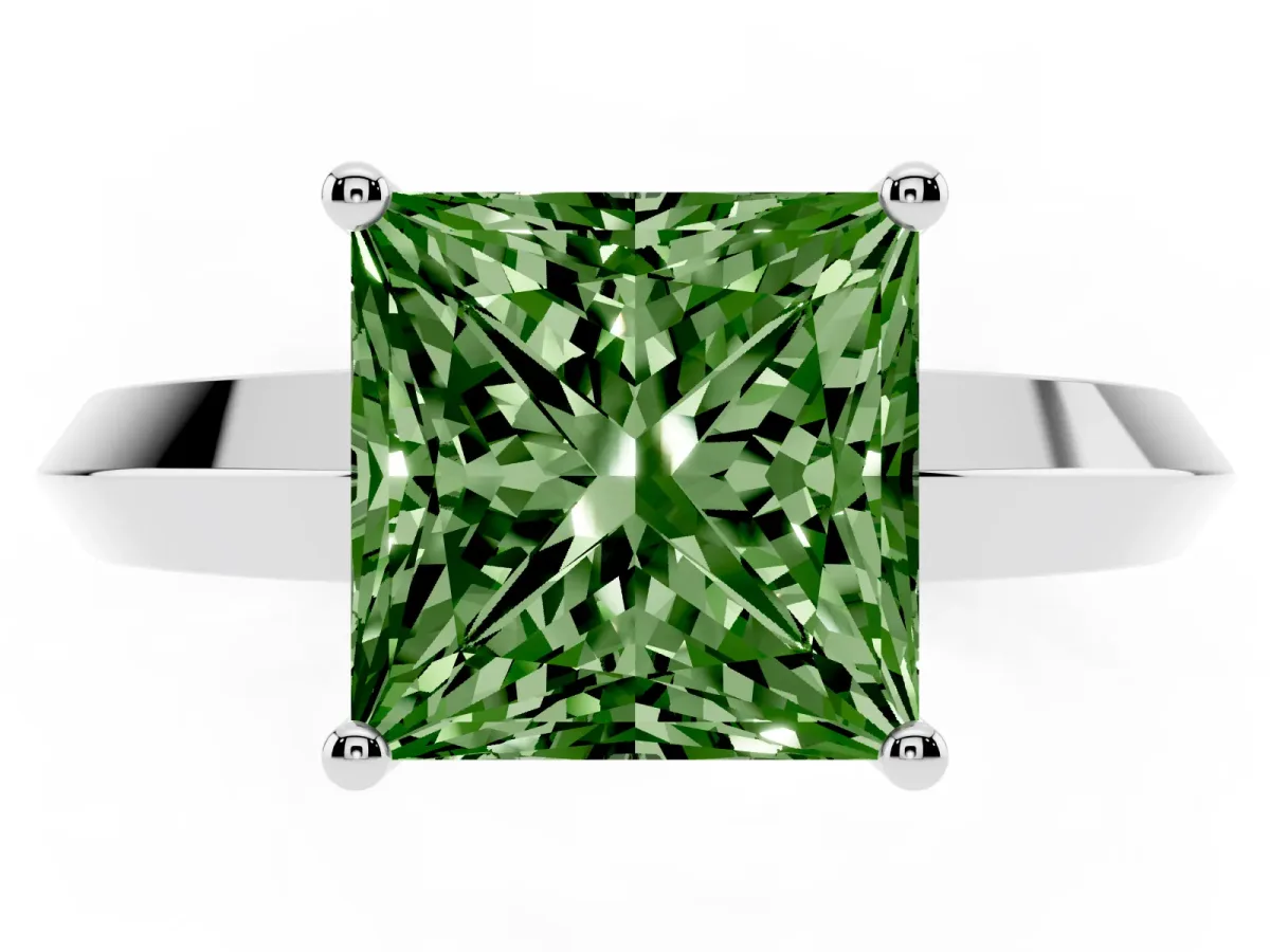 Fancy Green Princess Cut Cut Solitaire Engagement Ring with Flat Band and Four-Prong Setting Platinum