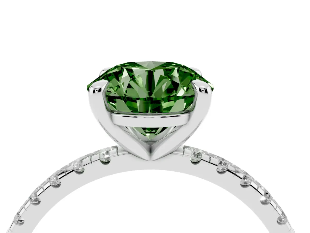 Fancy Green Round Cut Diamond Brilliant Solitaire Ring with Pavé Band and Four-Prong Setting White gold
