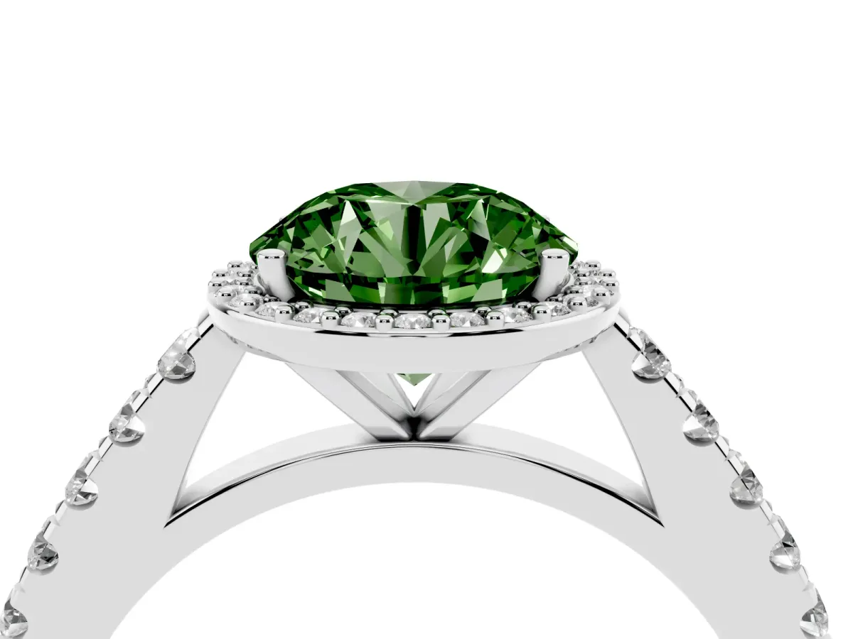 Fancy Green Round Cut Cut Halo Diamond Engagement Ring with Pave Band and Four-Prong Setting Platinum