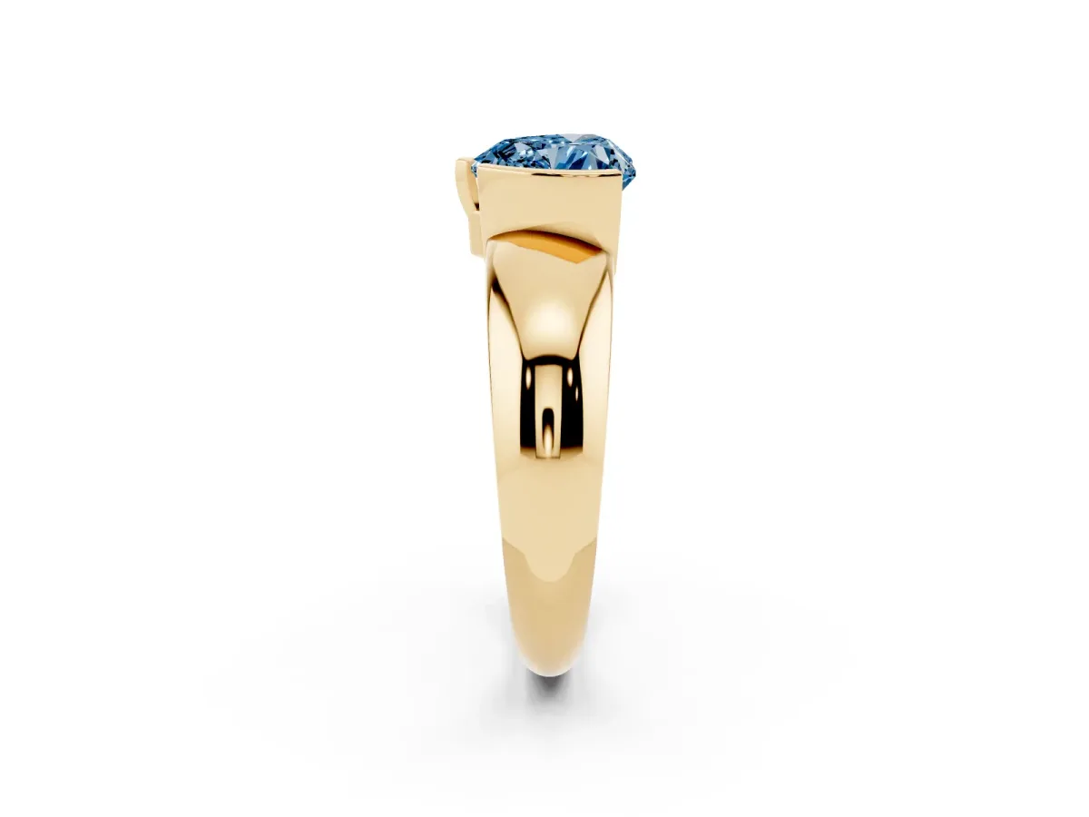 Fancy Blue Heart Cut Solitaire Tension Set Diamond Ring with Wide Band Yellow gold