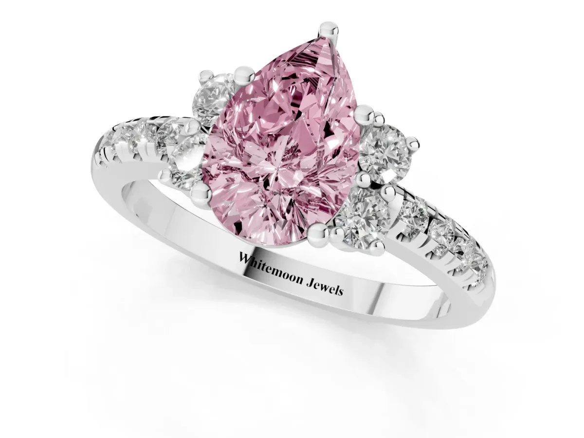 Fancy Pink Pear Cut Diamond Three-Stone Pave Band with Four-Prong Setting Silver