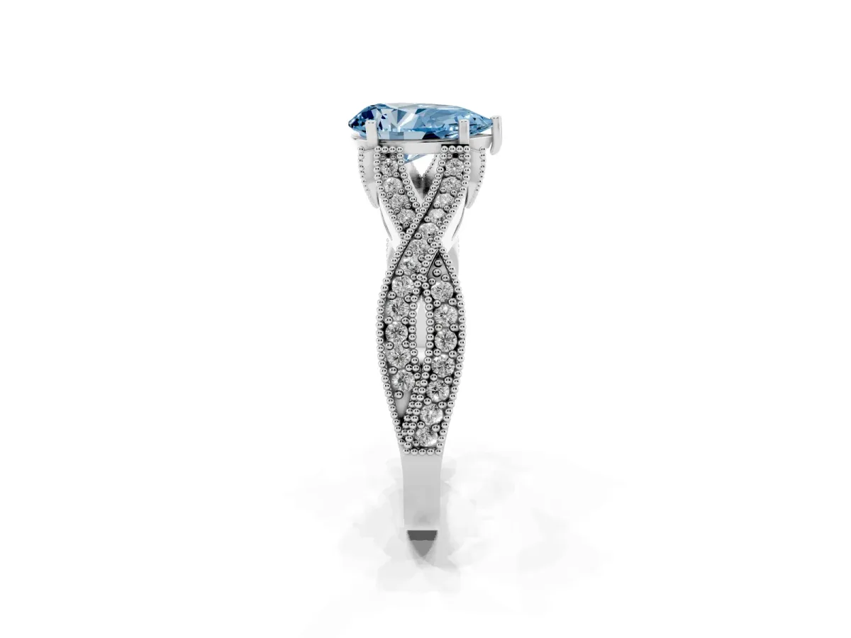 Fancy Blue Pear Cut Cut Diamond Twisted Band with Milgrain Pave Setting and Four-Prong Setting Silver
