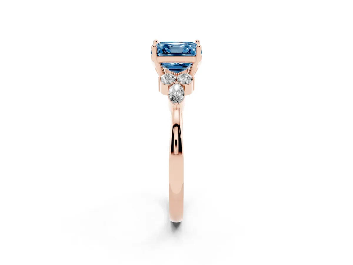 Fancy Blue Asscher Cut Brilliant Diamond Solitaire Ring with Pear Side Stones and Four-Prong Setting Rose gold