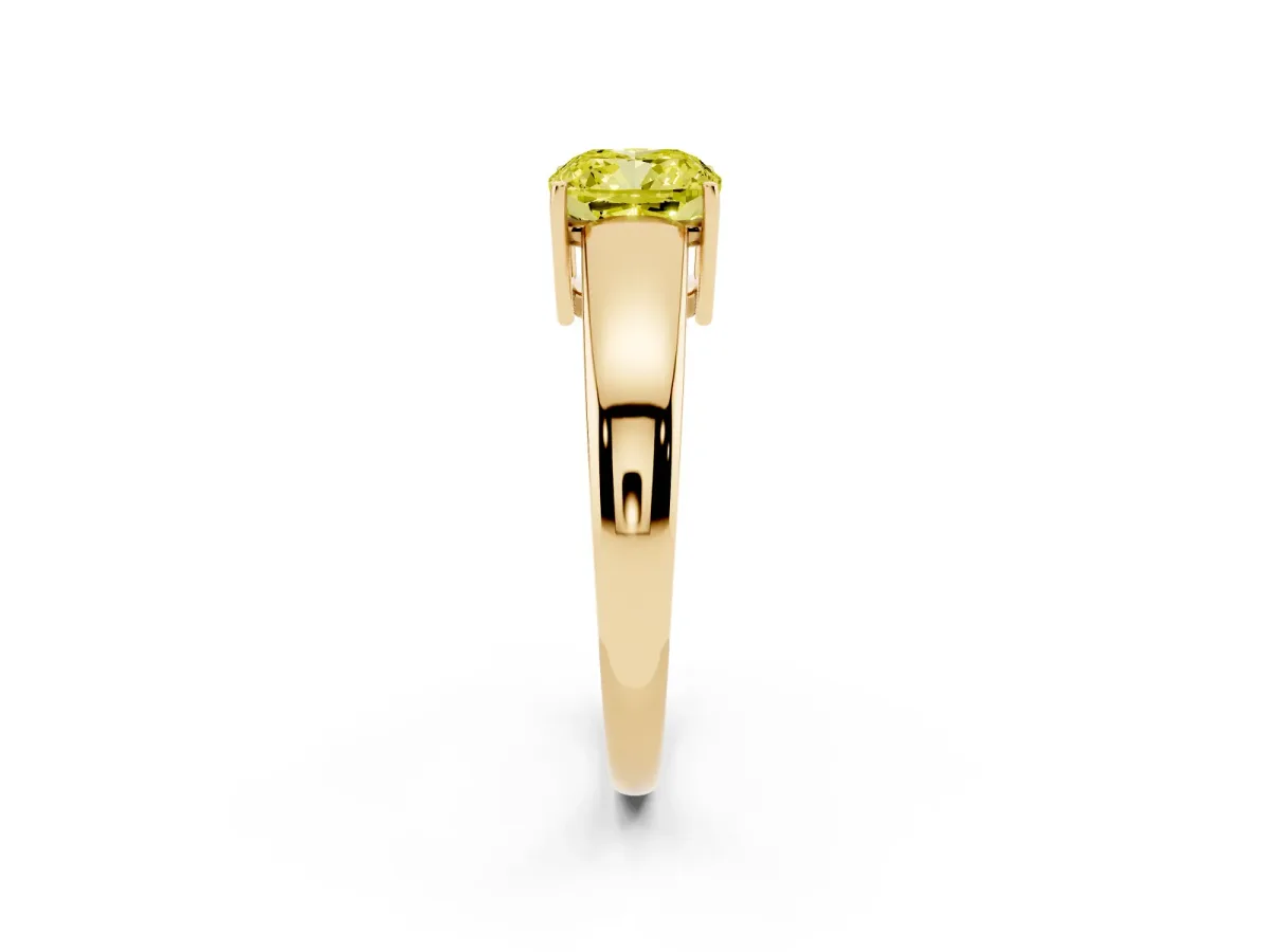 Fancy Yellow Cushion Cut Solitaire Diamond Ring with Tapered Band and Four-Prong Setting Yellow gold