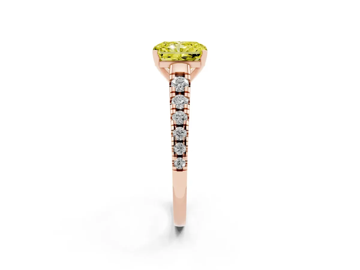 Fancy Yellow Radiant Cut Diamond Cathedral Solitaire Ring with Round Pavé Band Rose gold