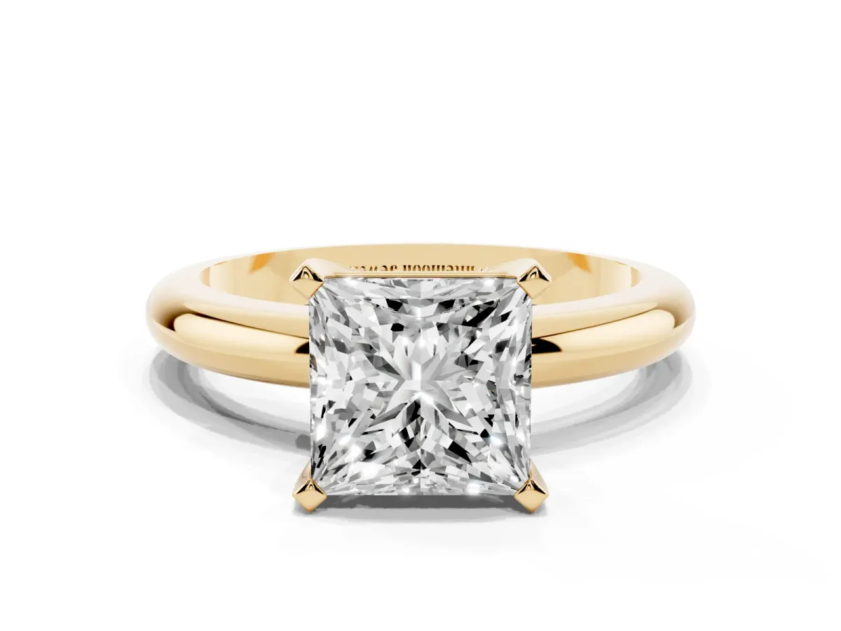 Princess Cut Diamond Solitaire Engagement Ring with Round Band and Four-Prong Setting Yellow gold