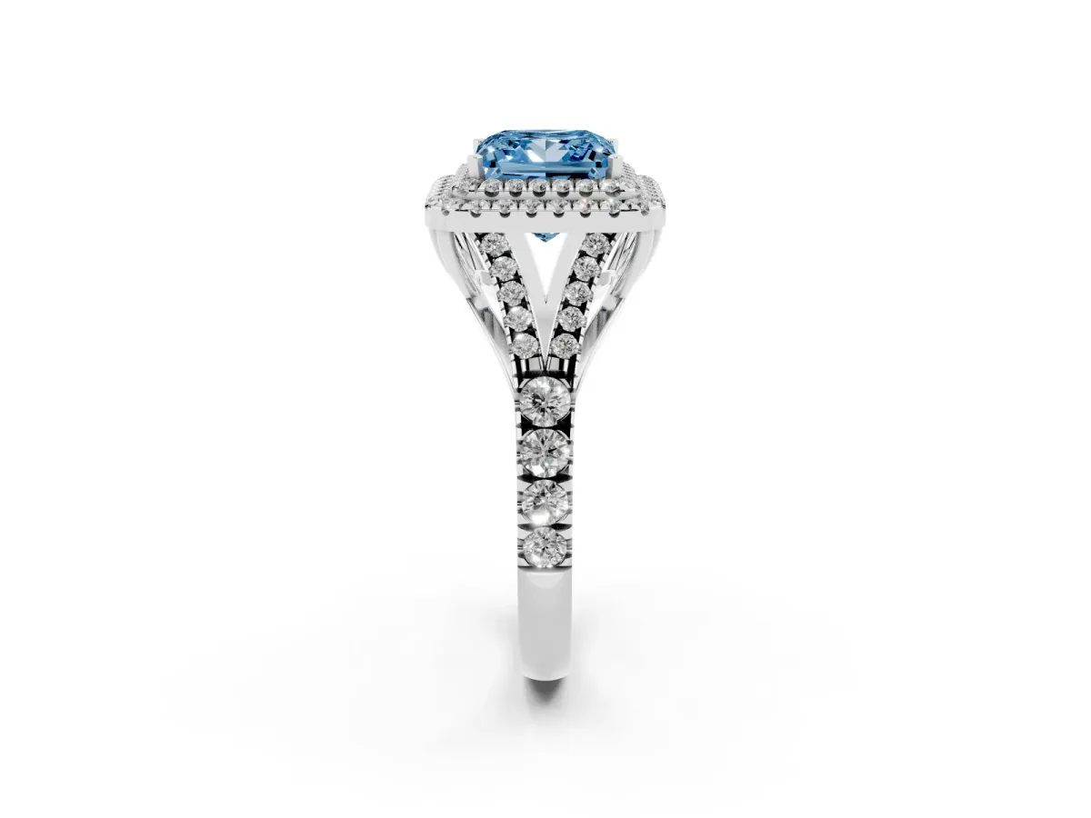 Fancy Blue Princess Cut Diamond Double Halo Ring with Split Shank and Prong Setting Platinum