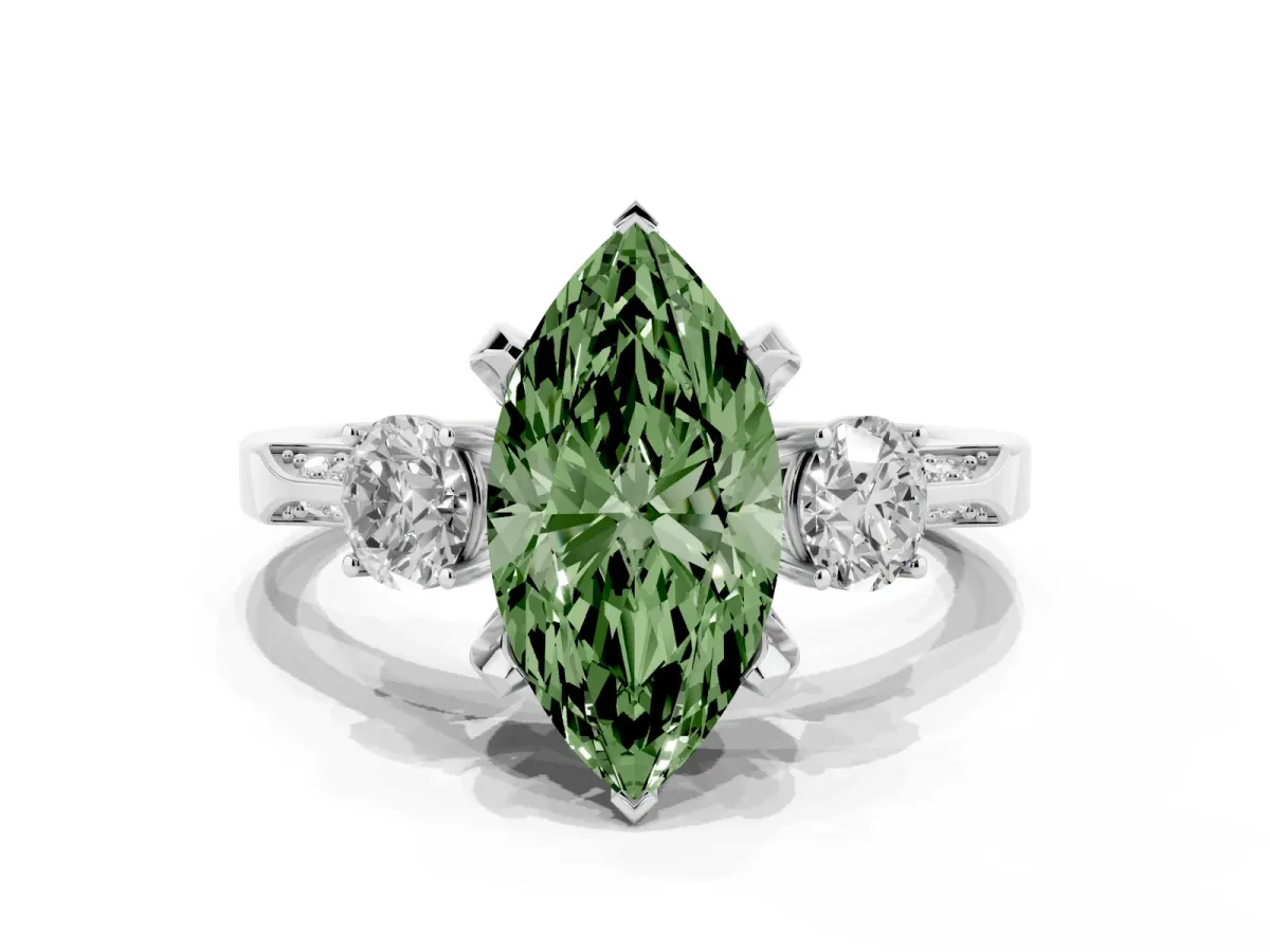 Fancy Green Marquise Cut Brilliant Three-Stone Diamond Ring with Pavé Band and Four-Prong Setting Silver