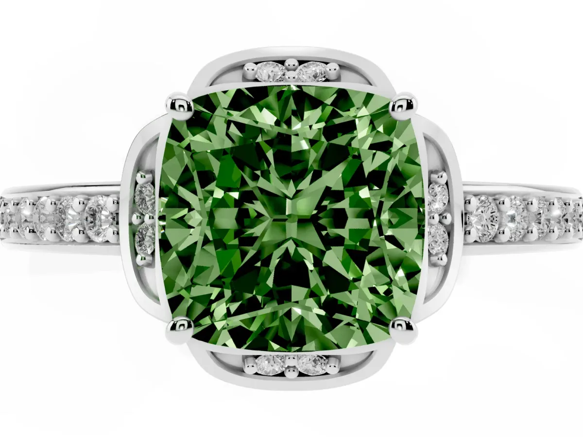 Fancy Green Cushion Cut Cut Halo Diamond Ring with Channel Set Band and Four-Prong Setting Platinum