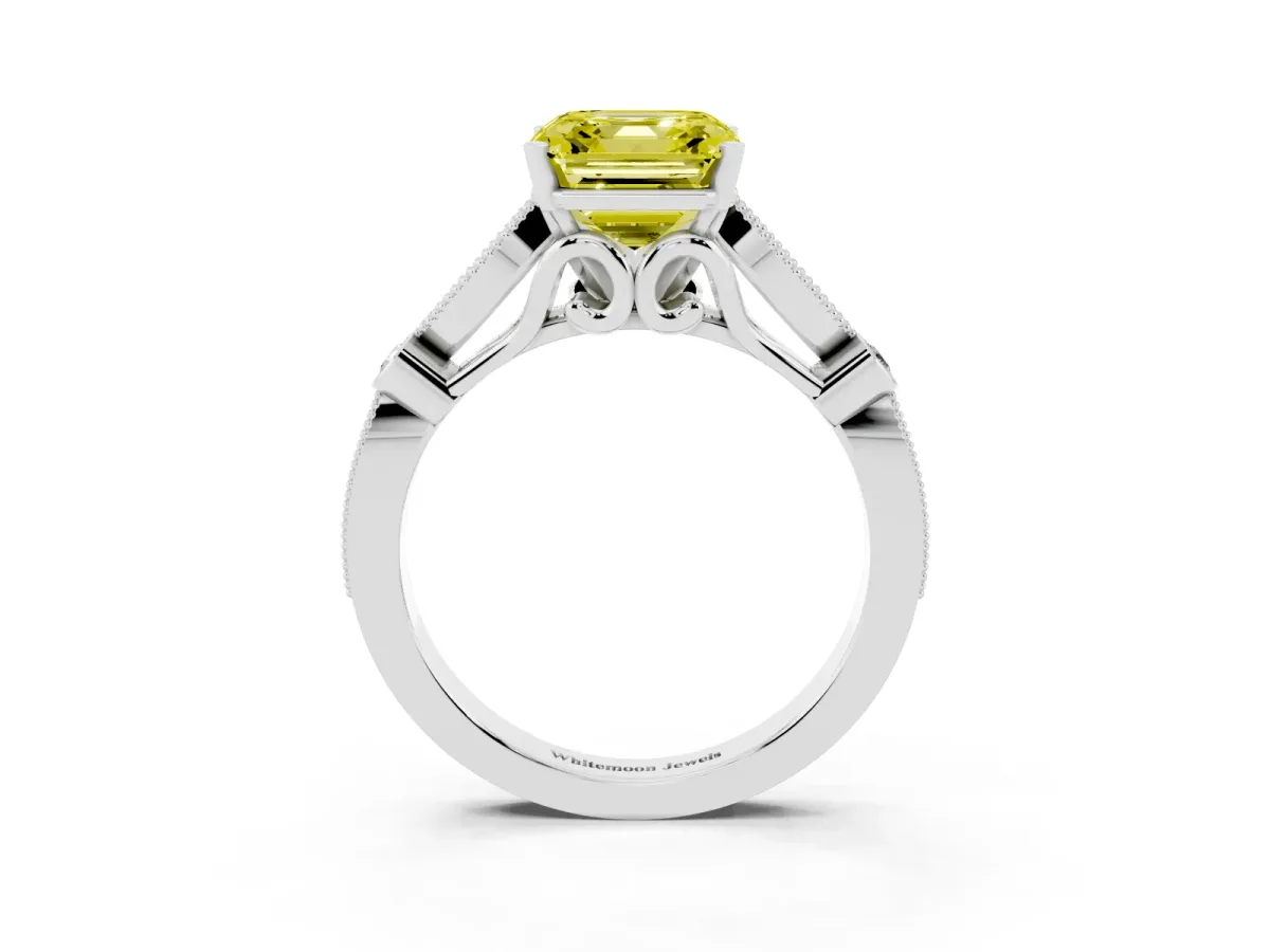 Fancy Yellow Asscher Cut Cut Diamond with Milgrain Marquise and Bezel Accents on a Solitaire Band with Prong Setting White gold