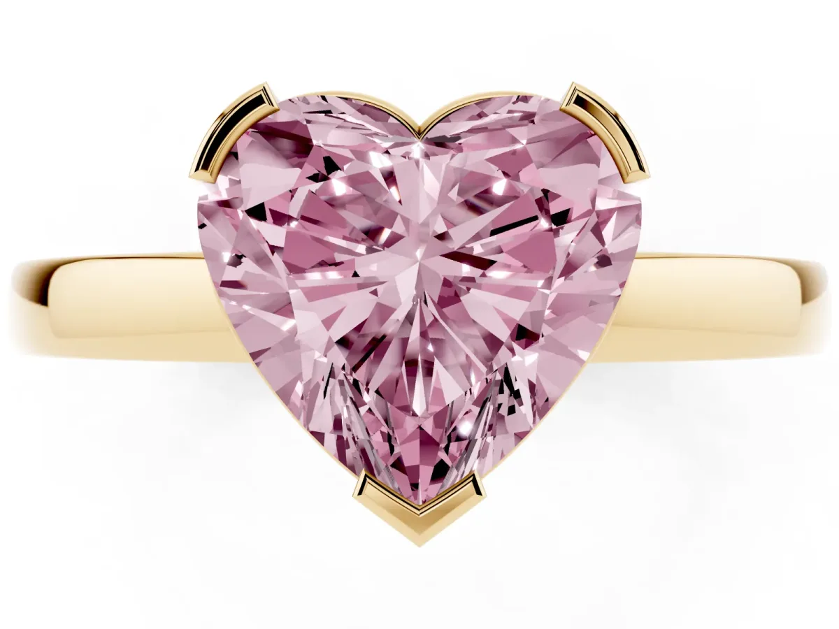 Fancy Pink Heart Cut Cut Solitaire Ring with Four-Prong Setting and Classic Band Yellow gold