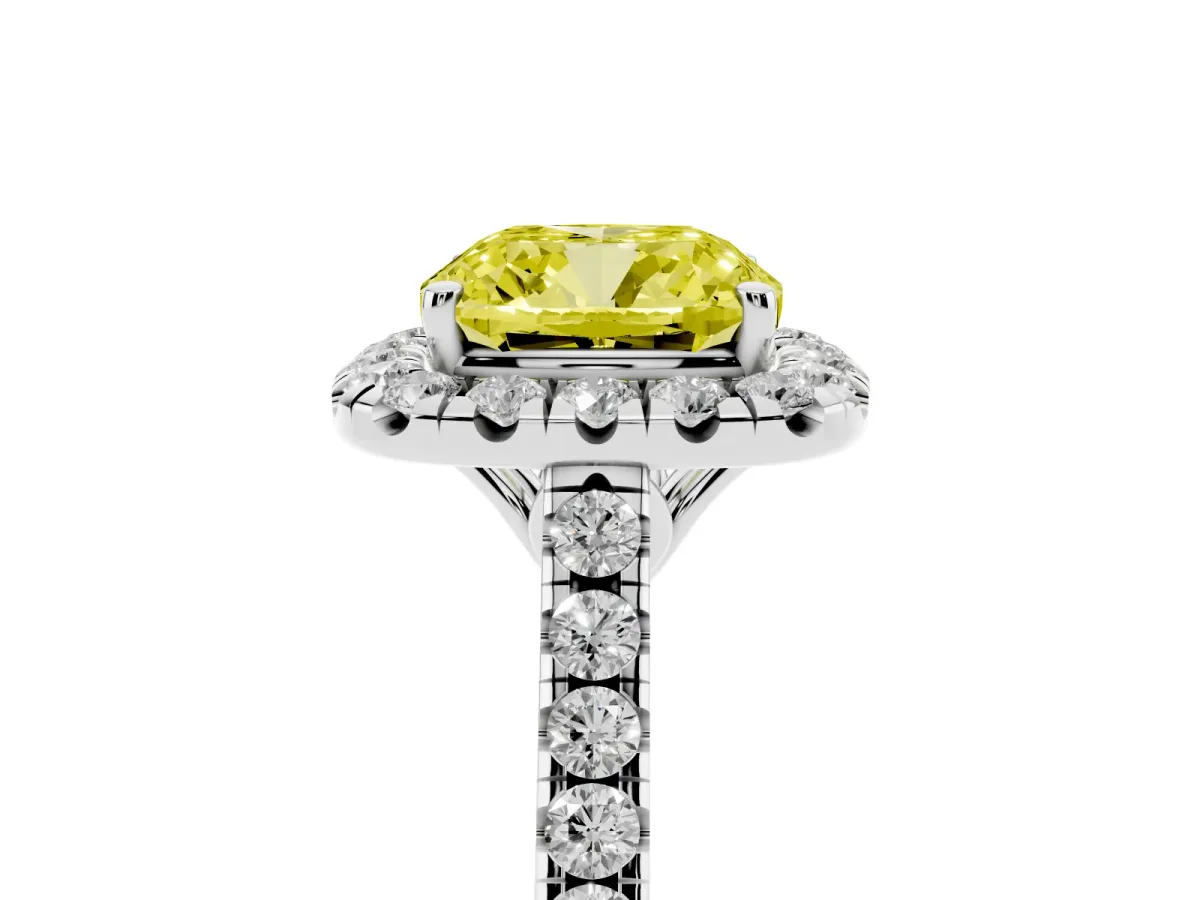 Fancy Yellow Cushion Cut Halo Pavé Diamond Engagement Ring with Four-Prong Setting Silver