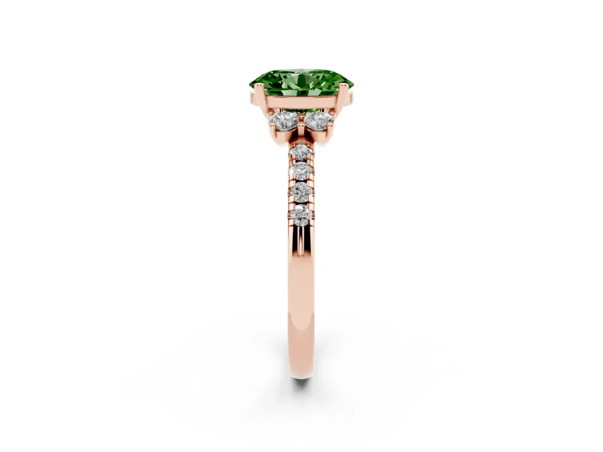 Fancy Green Oval Cut Diamond Three-Stone Pave Band with Four-Prong Setting Rose gold