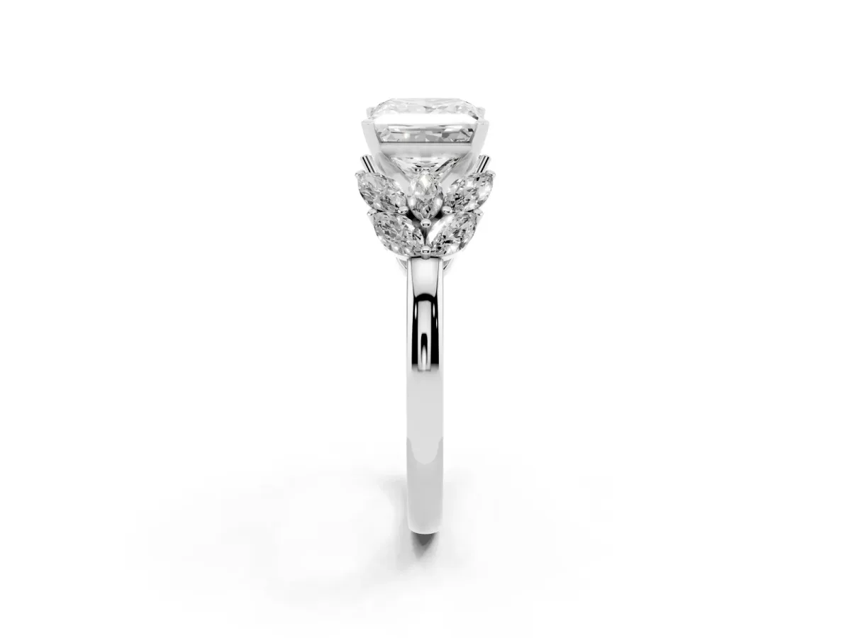 Princess Cut Diamond Cluster Leaf Design Ring with Prong Setting White gold