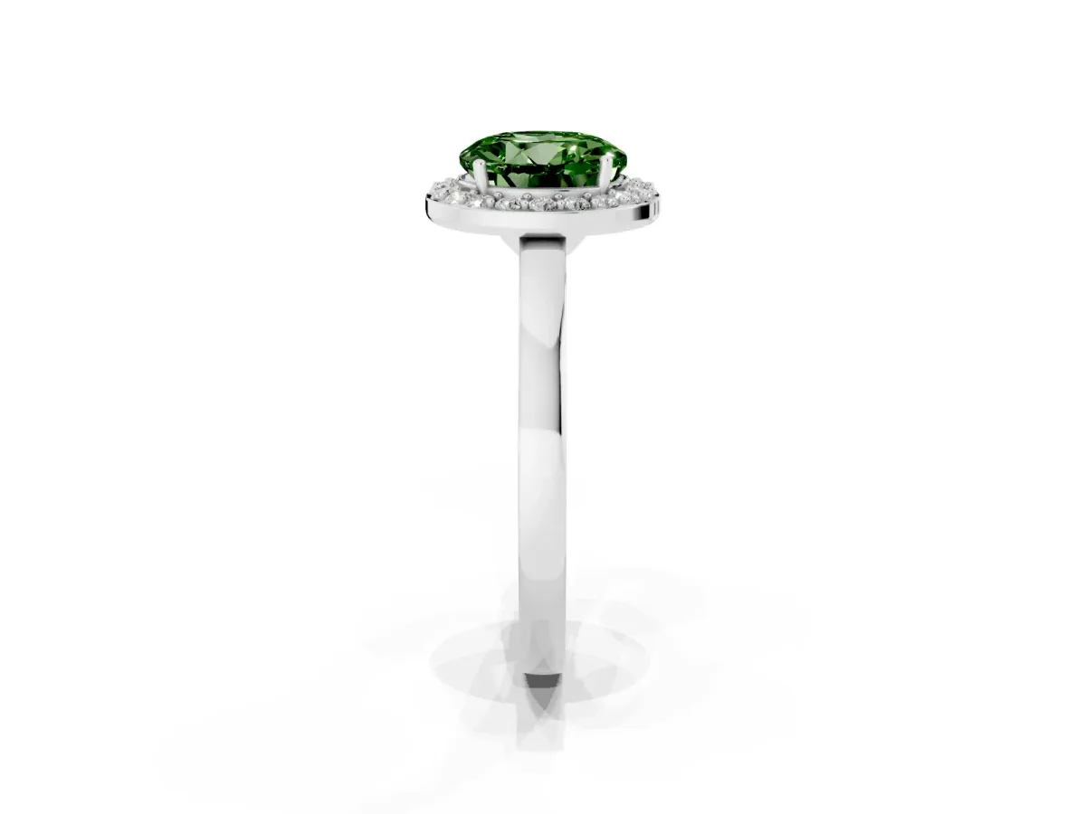 Fancy Green Round Cut Halo Diamond Ring with Solitaire Band and Prong Setting Silver