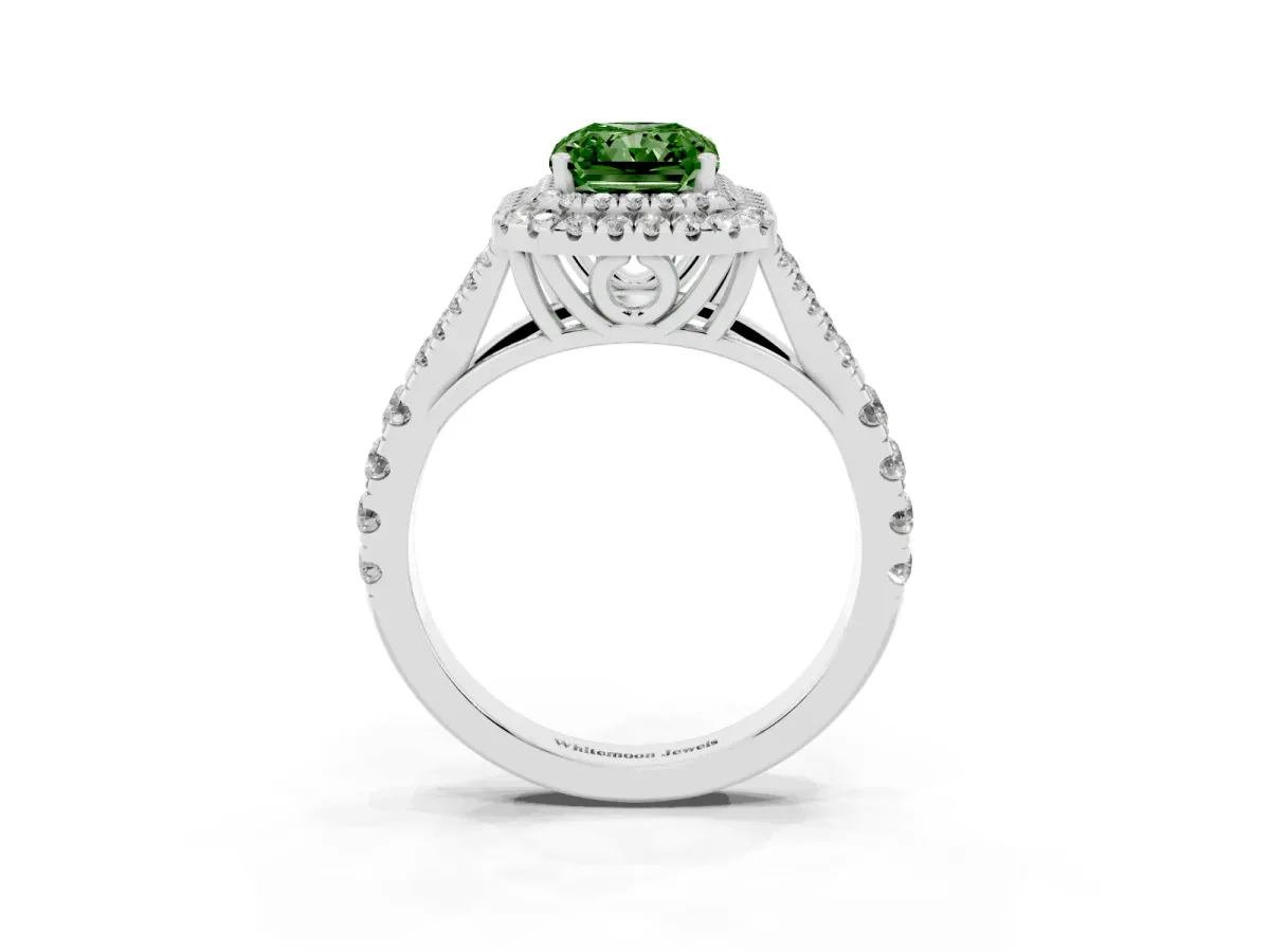 Fancy Green Radiant Cut Cut Double Halo Split Shank Diamond Ring with Prong Setting White gold