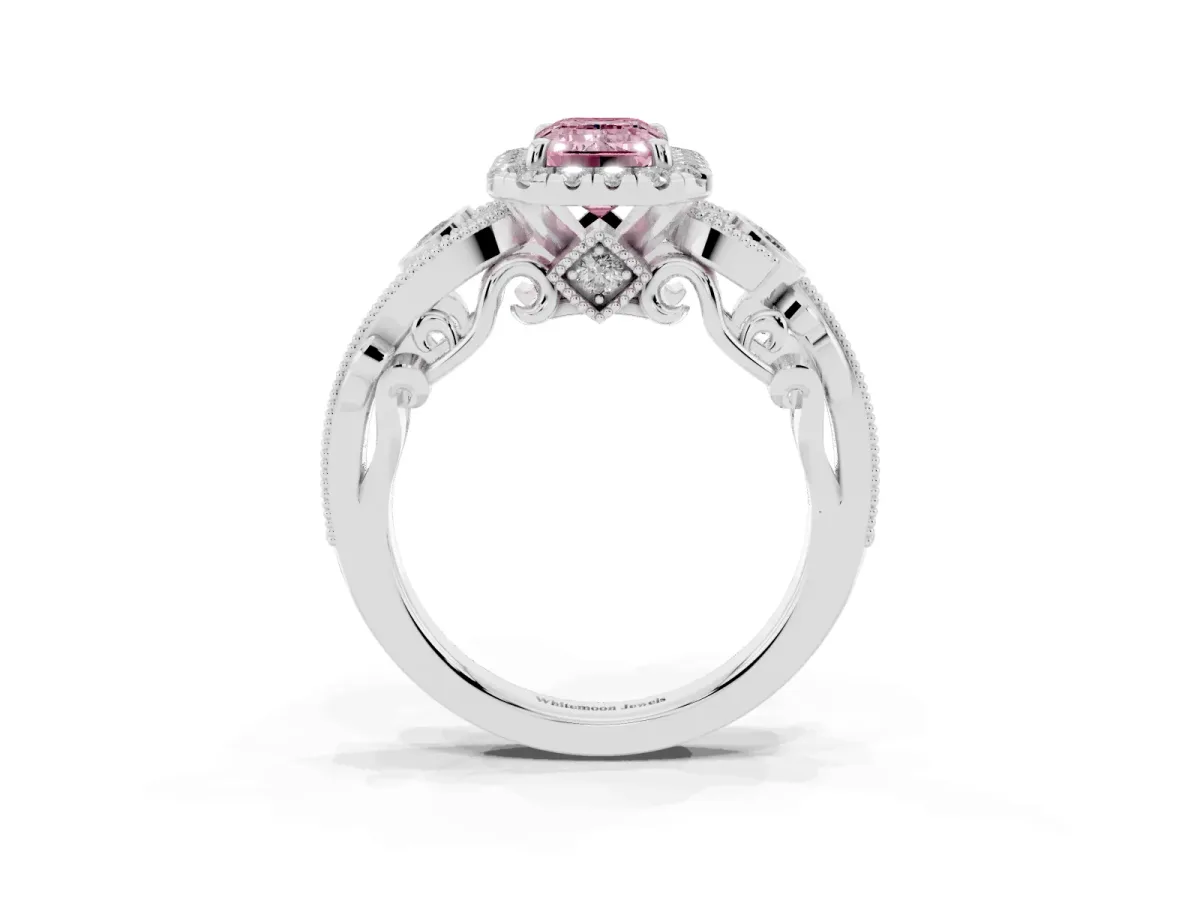 Fancy Pink Emerald Cut Diamond Halo Ring with Milgrain Pavé Band and Four-Prong Setting Platinum